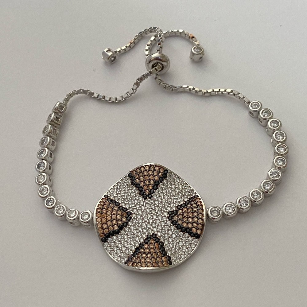 🐆925 Silver leopard bracelet champagne cz stones tennis slider